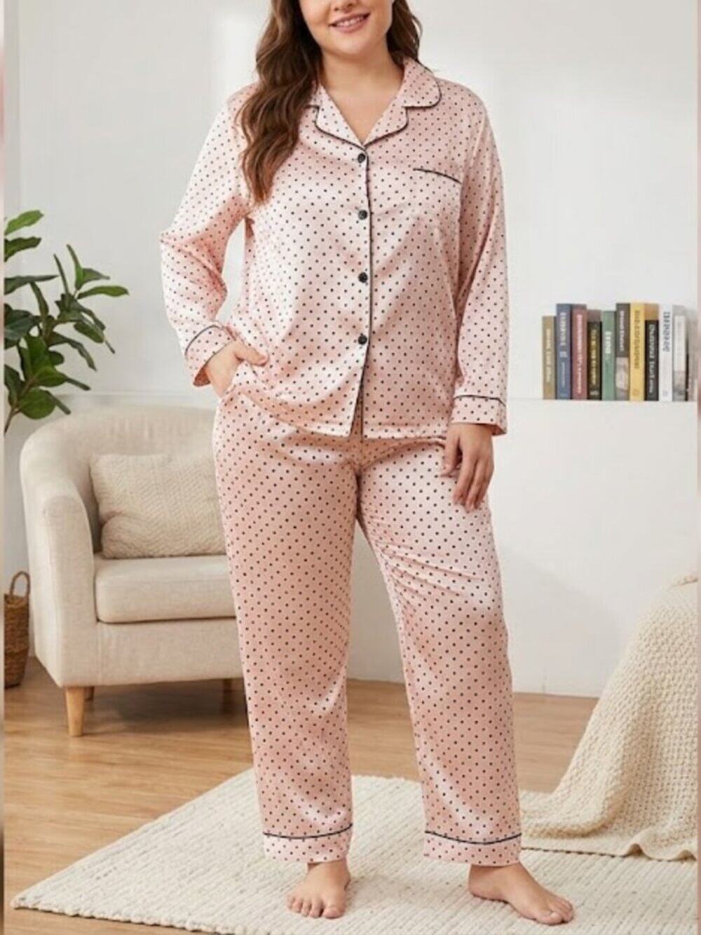 Pink Polka Dot Satin Pajama Set 3XL NWOT Shiny Loungewear Sleepwear